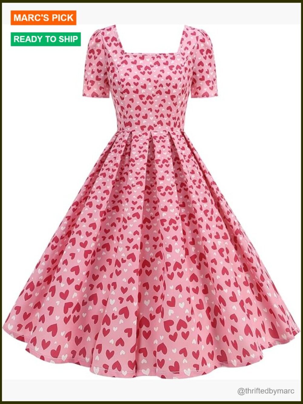 Vintage Heart Print Short Sleeve Square Neck Swing Dress Retro Pleated A-Line